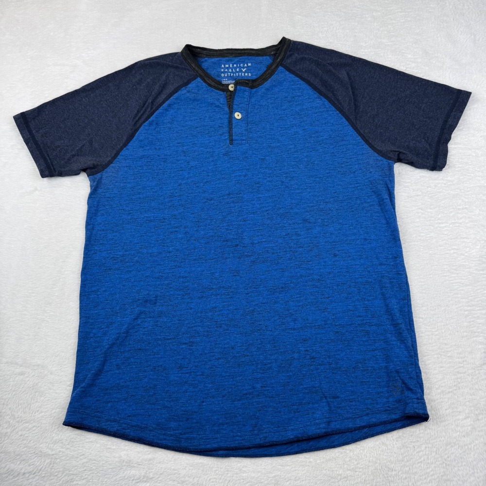 American Eagle Henley Shirt Mens Large Blue Raglan Short Sleeve Heathered